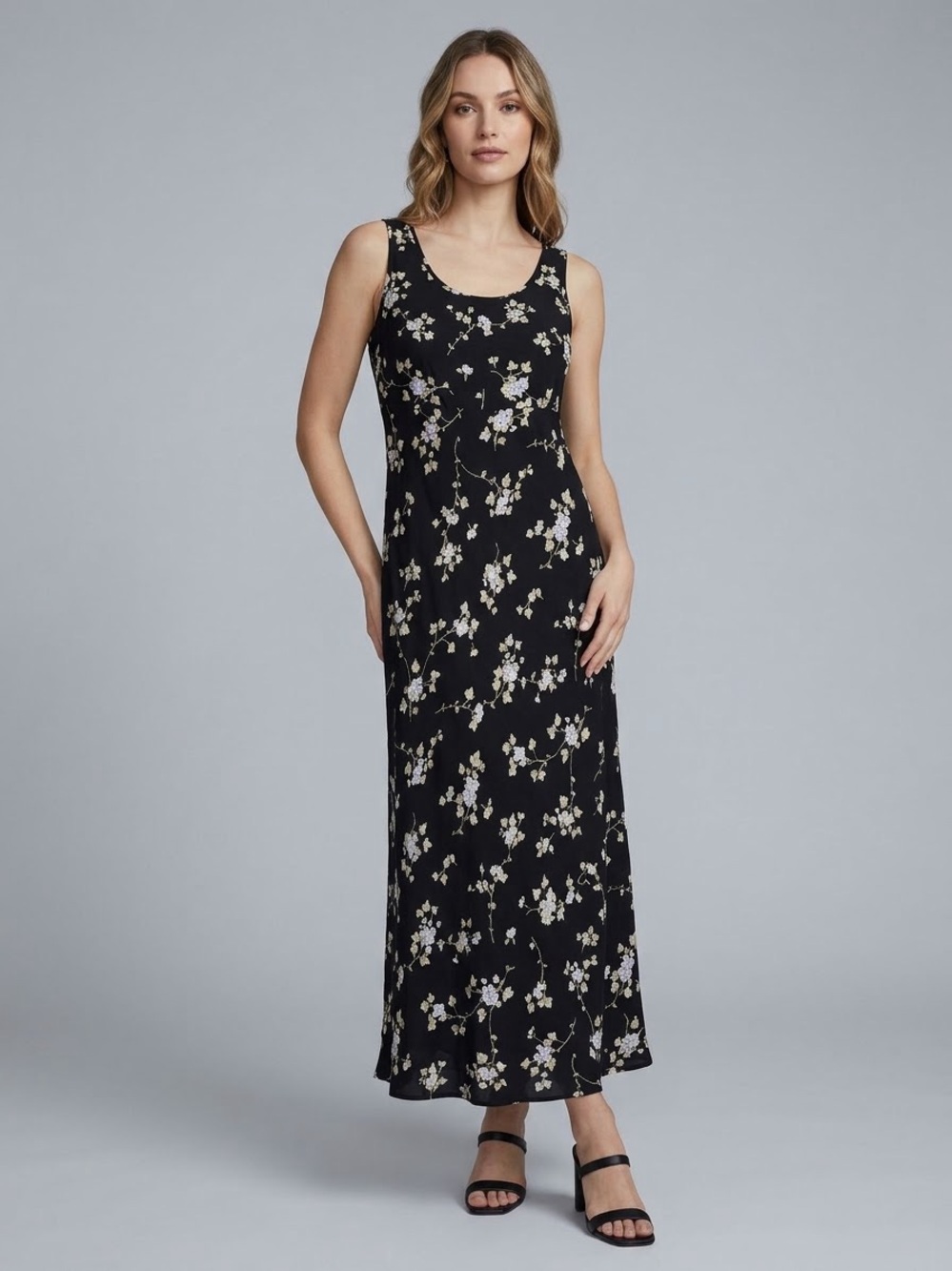 Vintage Karen Kane Black Floral Maxi Dress with Cream & White Blossoms Sz 6
